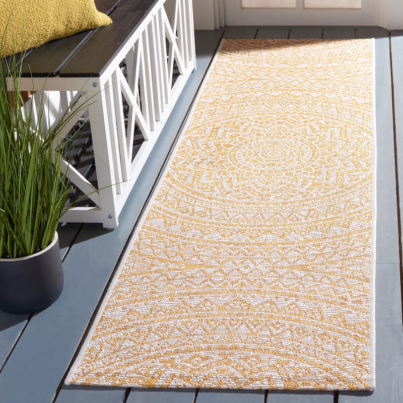 SAFAVIEH Courtyard Fran Mandala Indoor/ Outdoor Waterproof Patio Backyard Rug - 2'3" x 8' Runner - Ivory/Gold
