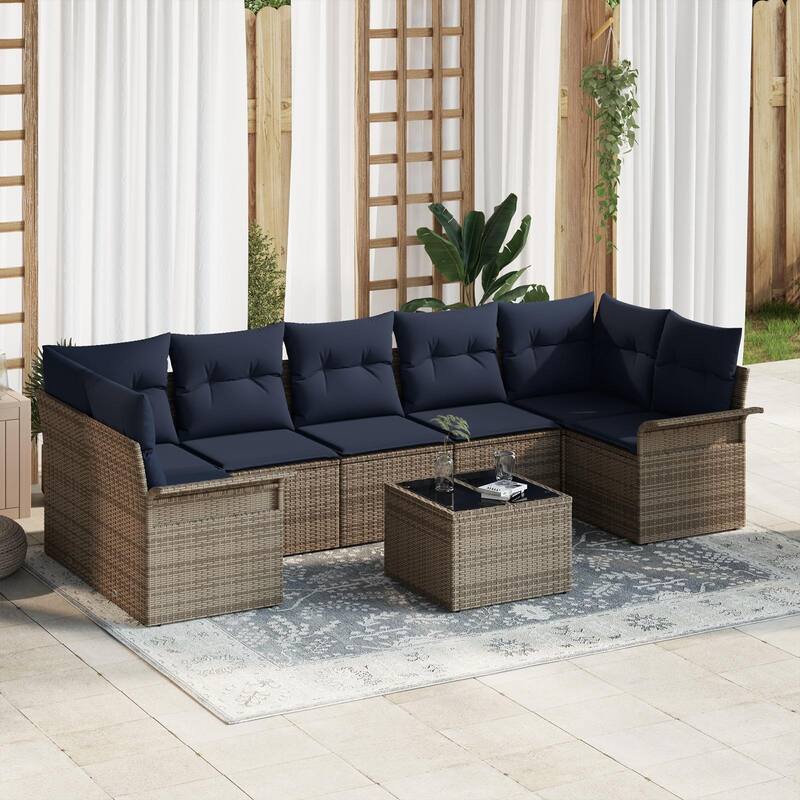vidaXL 8-Seater Garden Sofa with Cushions Black/Brown/Grey Poly Rattan - 52.2 x 113.8 x 27.2 - Gray