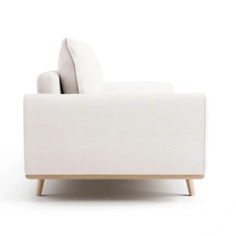 Yaana Sofa with Feather Blend Pillows, Oak Brown Wood, White 83 Inch