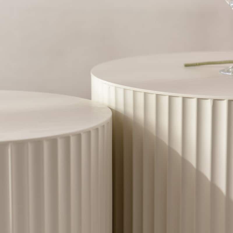 Set of 2 Modern Nesting Round Coffee Tables Drum Shaped Side Tables with Wavy Stripes, for Living Room