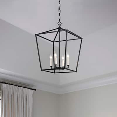 Matte Black 4-Light Lantern Pendant 16 in with Nickel or Black Sleeve - 16 in. W x 16 in. D x 20.5 in. H