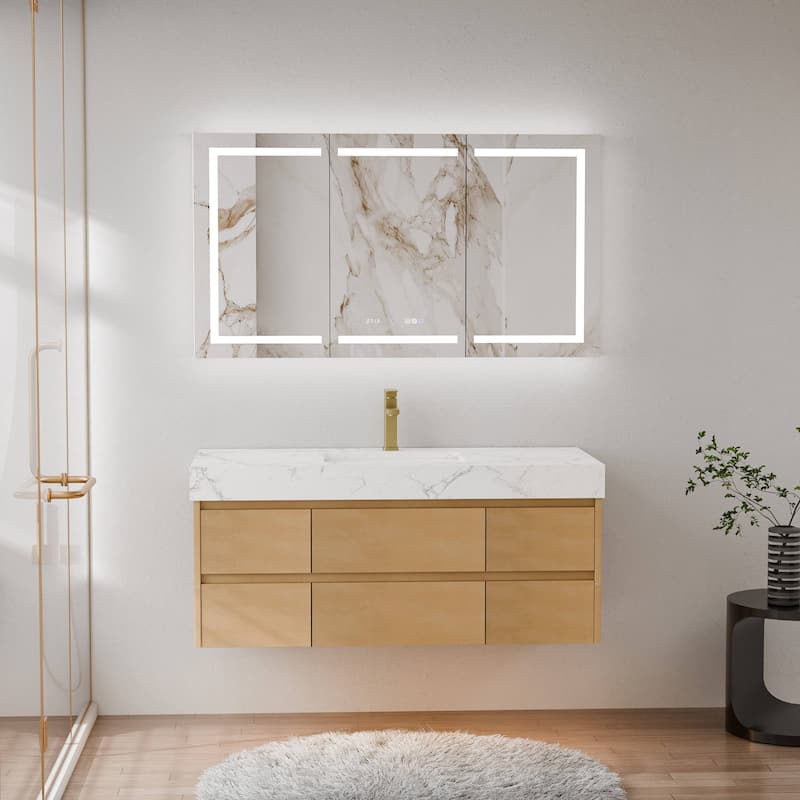 Modland 48" Floating Bathroom Vanity with Single/Double Sink, Modern Maple Wood Wall Mounted Vanity with Marble Countertop - 48 Inch - Single Sink