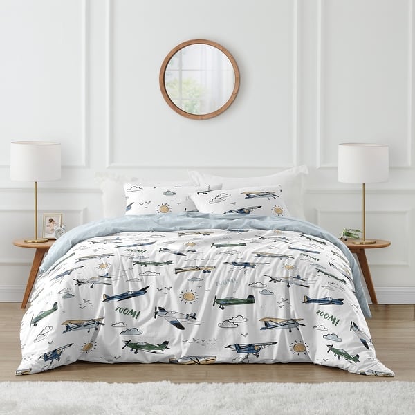 slide 2 of 6, Sweet Jojo Designs Vintage Airplane Boy 3pc Full/Queen-size Comforter Set Green Blue Yellow Airplanes Plane Transportation Cloud