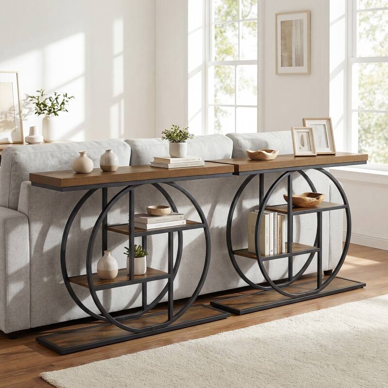 Gymax 4-Tier Console Table w/Storage Shelves Circle Base Accent Behind