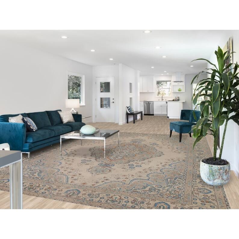 Hand Knotted Oriental 100% Wool Carpet Traditional Medallion Beige & Ivories Tabriz Area Rug - 13' 0'' X 9' 7''