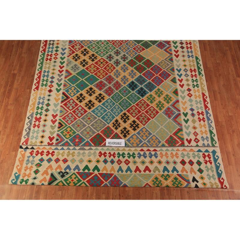 Geometric Trellis Kilim Oriental Rug Hand-Woven Tribal Wool Carpet - 8'9"x 11'4"