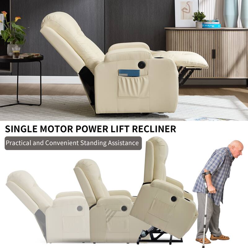 Roomfitters Heavy Duty Power Lift Recliner, PU Leather Massage Chair with Heat, USB Port and Dual Cup Holders