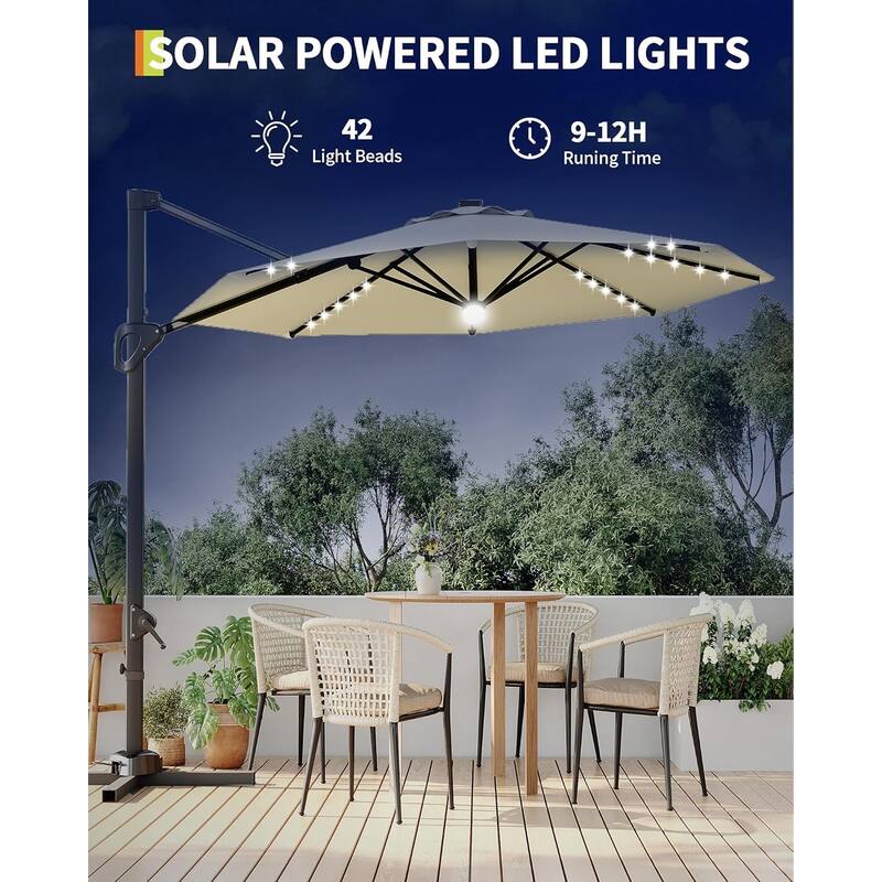 10FT Outdoor Cantilever Umbrella Patio Umbrella Solar LED with Base Included, 360-Degree Rotation