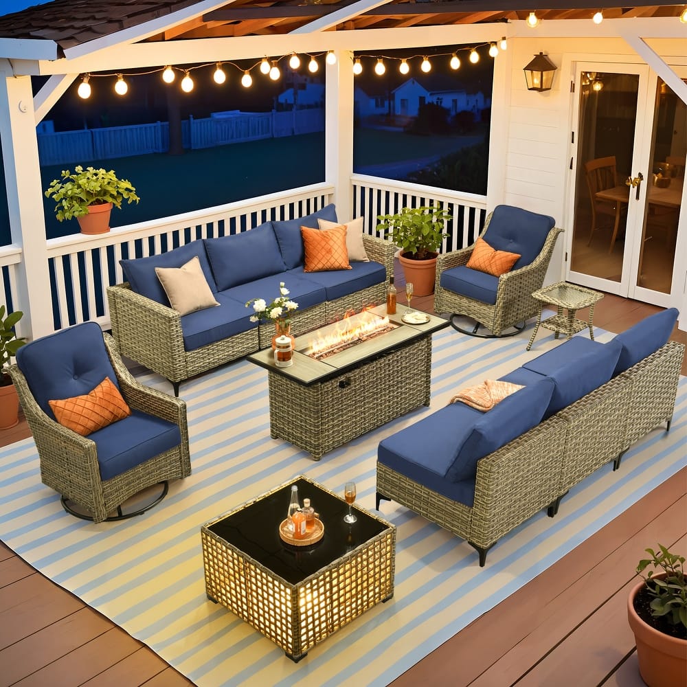 XIZZI 11-Piece Outdoor Wicker Patio Furniture Set with Fire Pit & Solar Coffee Table