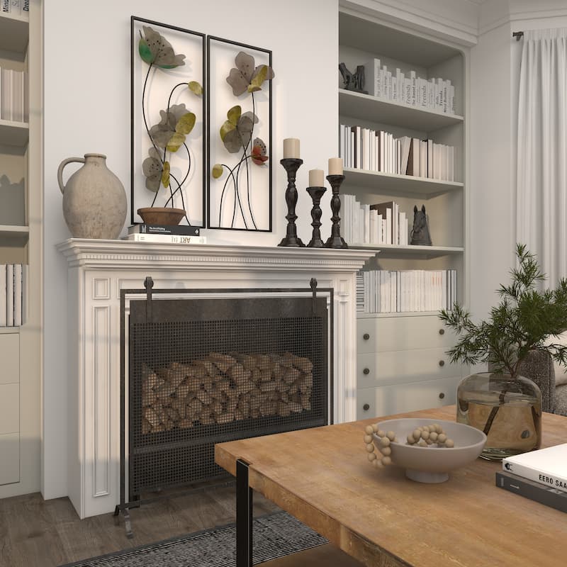 Black Metal Floral Home Wall Decor with Green and Orange Accents (Set of 2)