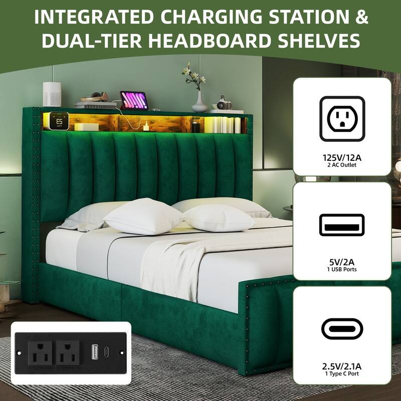 Full / Queen / King Size Platform Bed Frame with Upholstered Storage Headboard and 4 Drawers