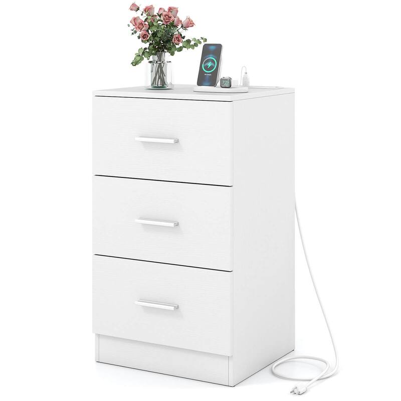 Costway 1/2 PCS Nightstand with Charging Station, 3 Storage Drawers
