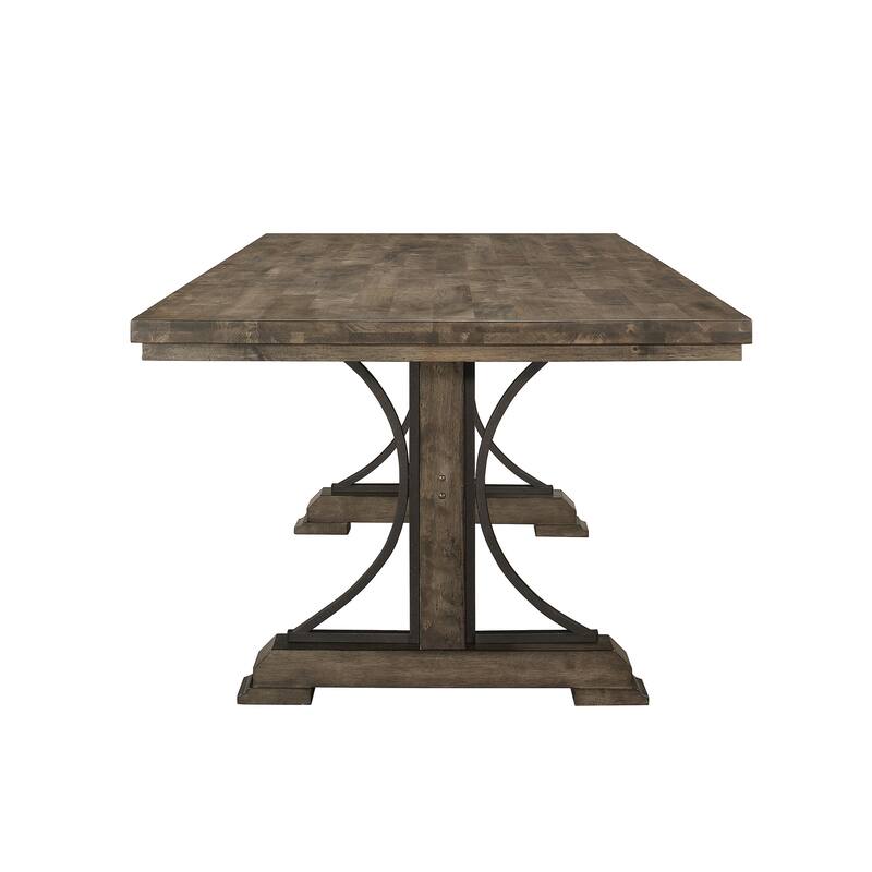 1pc Light Brown Finish Curved Metal Accents Trestle Base Rectangular Dining Table Wood Wooden Metal Furniture