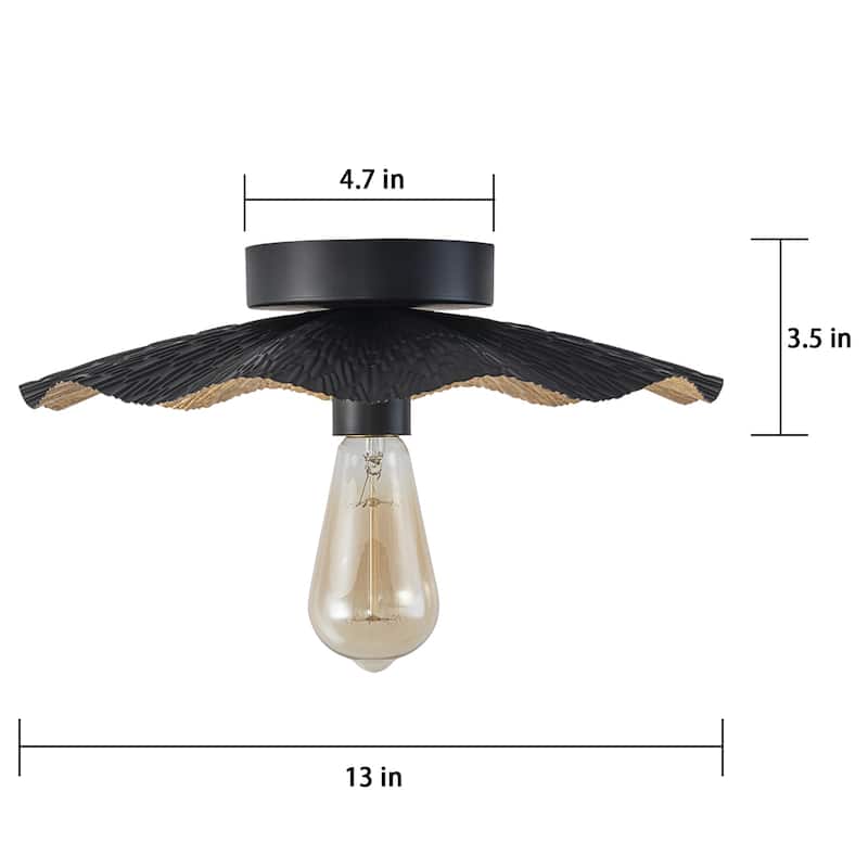 1-Light Farmhouse Black Gold Semi Flush Mount with Wave-edged Metal Shade - 13-in W x 3.5-in H