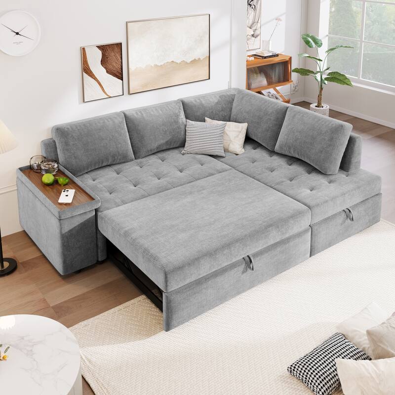 91.5'' L-Shaped 4 Seater Sectional Sofa Couch with Pull-Out Bed, Hidden Storage and Functional Armrests, for Living Room