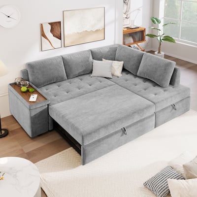 91.5'' L-Shaped 4-Seater Sleeper Sofa with Chaise, Pull-Out Bed, Hidden Storage, and Functional Armrests
