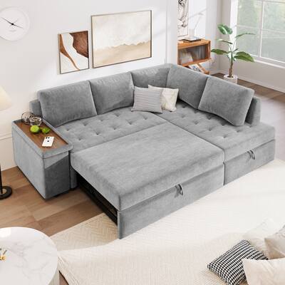 91.5'' L-Shaped 4 Seater Sleeper Sofa with Chaise, Pull-Out Bed, Hidden Storage and Functional Armrests