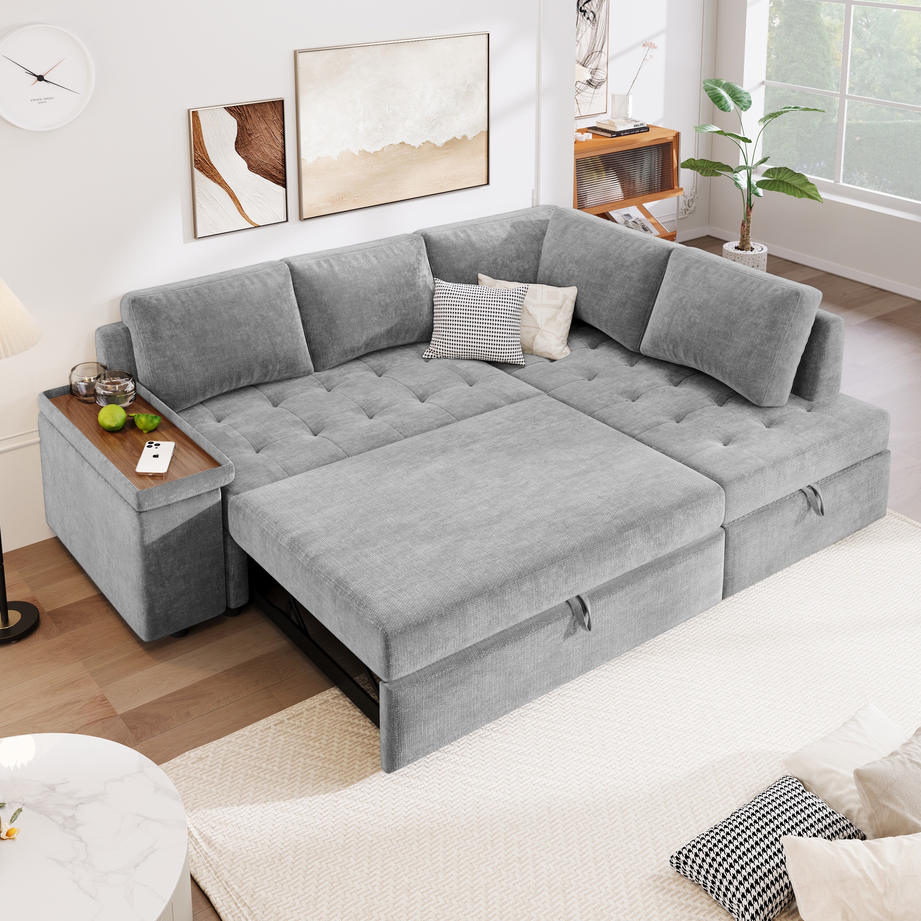 91.5 Inch L Shaped Sectional Sleeper Couch Convertible Sleeper Sofa Bed with Pull Out Bed and Storage Chaise Lounge LIGHT GREY Bed Bath Beyond 42071088