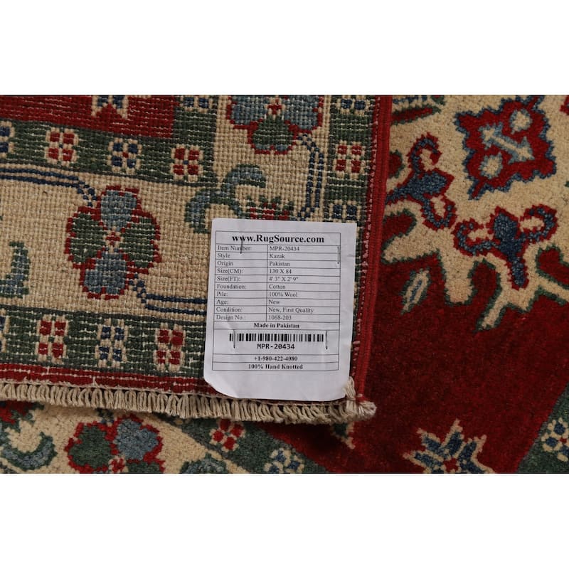 Red Kazak Foyer Rug Geometric Hand-Knotted Wool Carpet - 2'9"x 4'3"