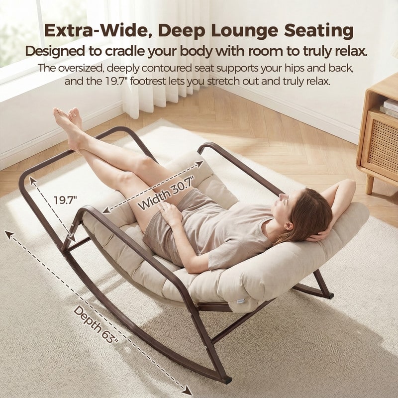 Oversized Papasan Rocking Lounge Chair with Footrest, Heavy-Duty 450lbs Metal Frame, Indoor Outdoor Patio Rocker with Cushion