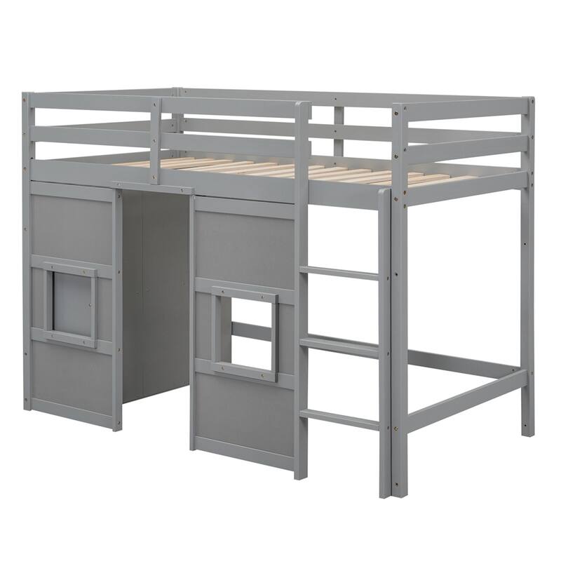 Twin Size Wood Loft Bed with Built-in Storage Wardrobe and Guardrails
