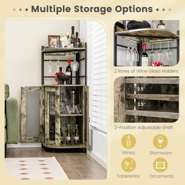 Industrial Corner Bar Cabinet with Glass Holder and Adjustable Shelf - 19" x 19" x 51"