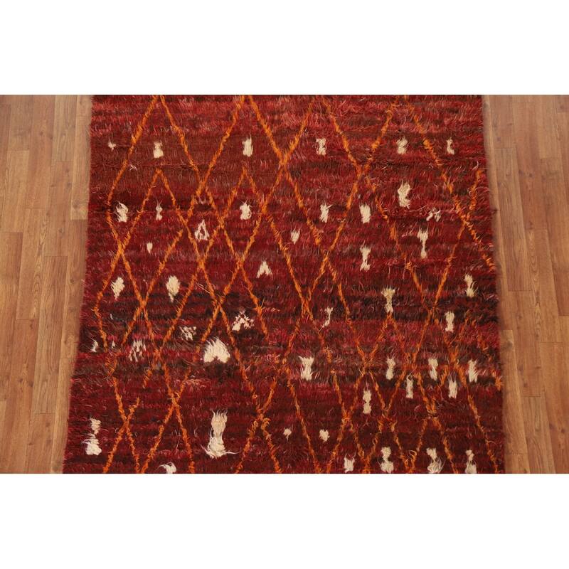 Hand Knotted Oriental 100% Wool Carpet Modern Geometric Red Moroccan Area Rug - 6' 4'' X 5' 0''