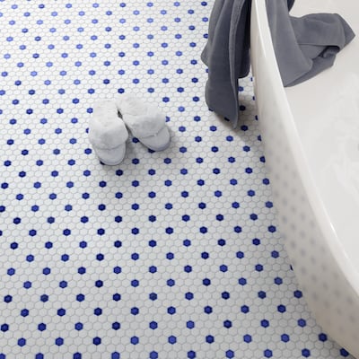 Merola Tile Metro Ion 1" Hex Sapphire Dot w/Glossy White 10-1/4" x 11-7/8" Porcelain Floor and Wall Tile