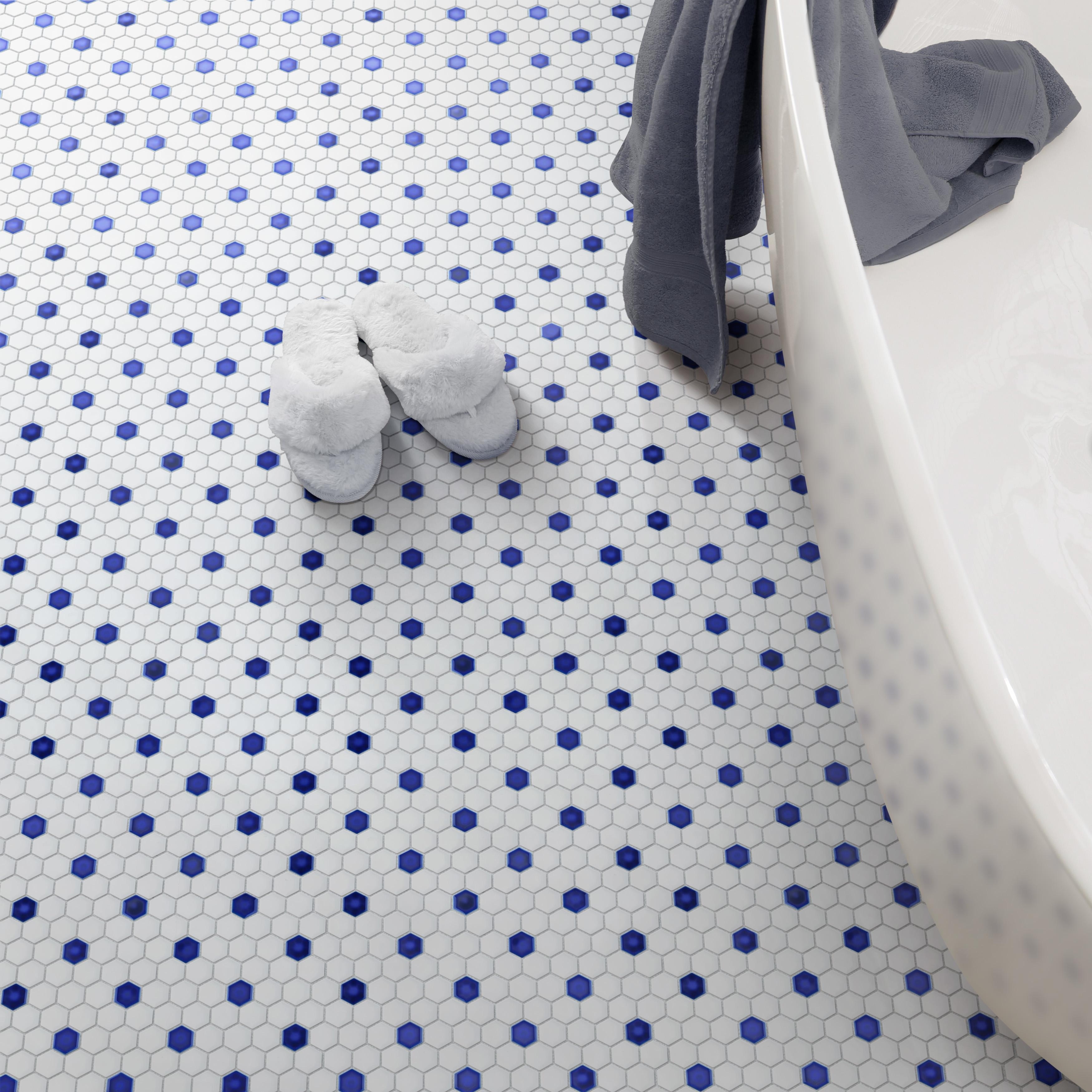 Merola Tile Metro Ion 1" Hex Sapphire Dot w/Glossy White 10-1/4" x 11-7/8" Porcelain Mosaic Floor and Wall Tile