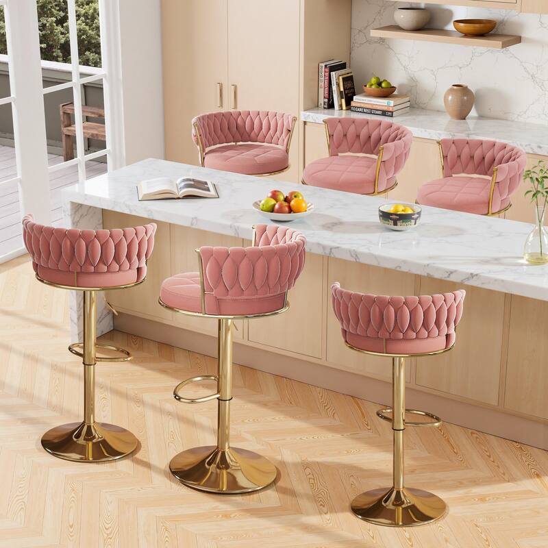Javlergo Bar Stools Set of 4/6 Velvet Floral Back 360° Swivel Bar Stools 30.5" to 38.8" Adjustable Height Bar stools - Set of 6 - Pink + Gold