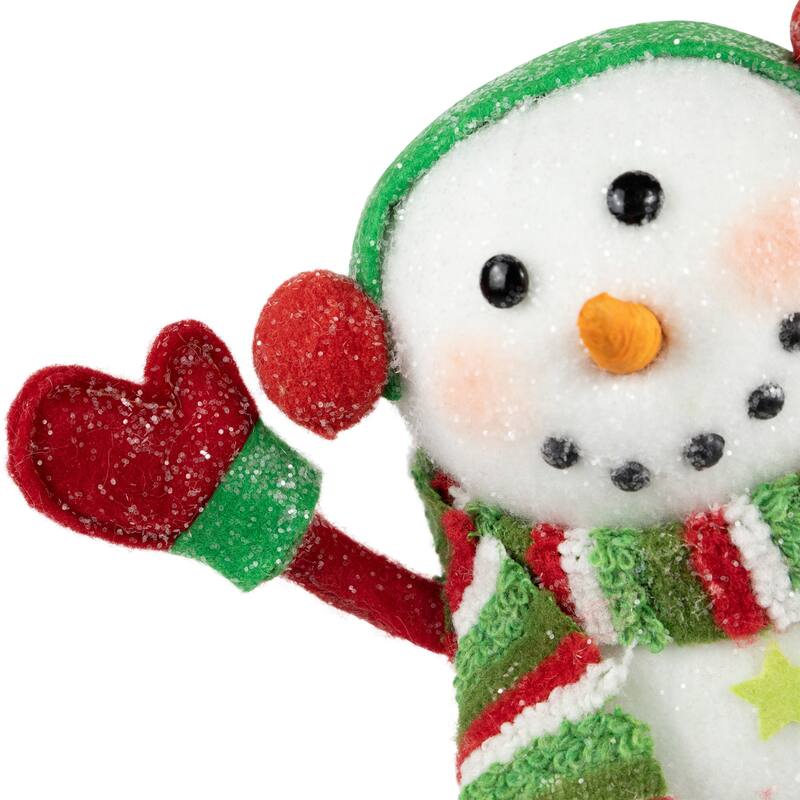Waving Snowman with Earmuffs Glitter Christmas Figurine - 10"