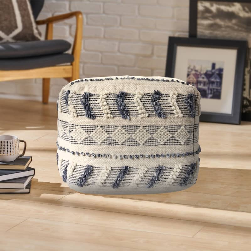 Comfortable 18" Pouf Ottoman Blue Striped Wool Upholstered Floor Cushion with Removable Cover