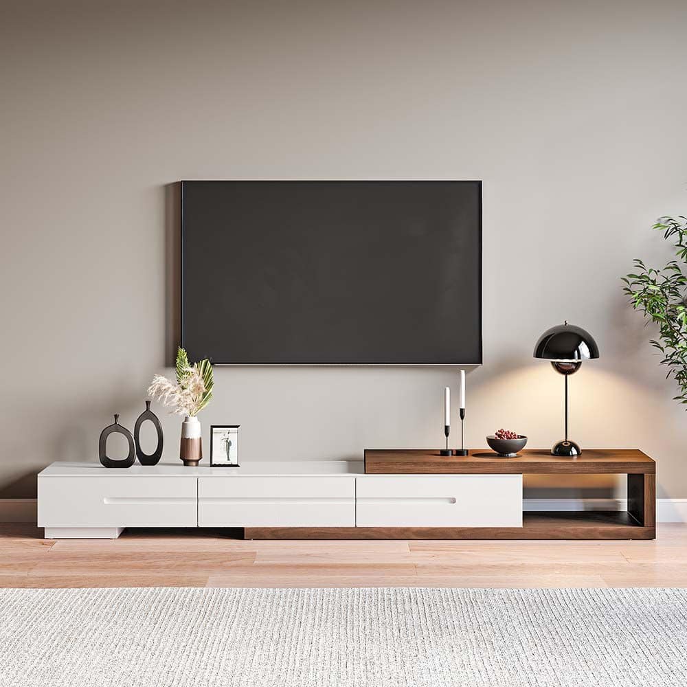 Modern Extendable White TV Stand, Solid Wood Media Console for Up to 100 Inch TV with 3 Drawers, Fully-Assembled, Walnut Veneer