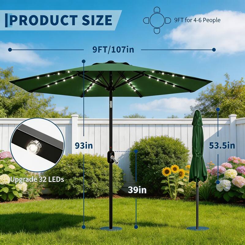 9 ft Patio Umbrella, 8 Sturdy Ribs, with Lights