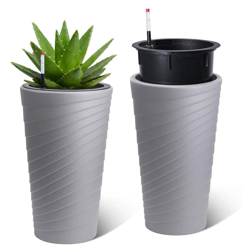 23" Set of 2 Self Watering Planter, Outdoor Plant Pots for Garden, Patio, Balcony Gardening - Grey
