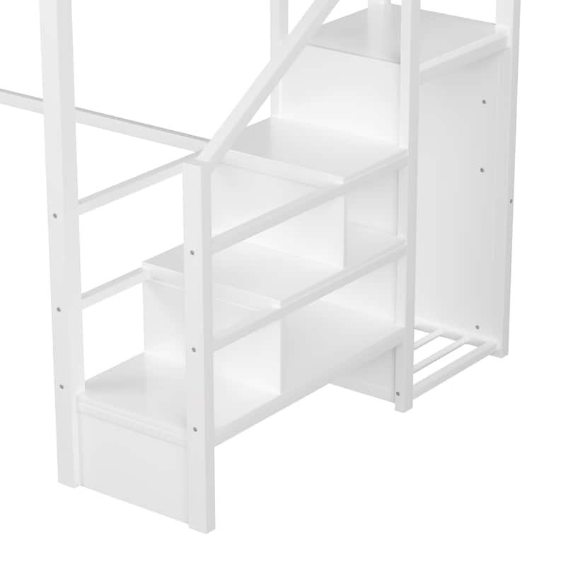 Full Size Loft Bed with Stairs, Metal Full Loft Bed with High and House Shaped Guardrails, High Loft Bed with Wardrobe for Kids