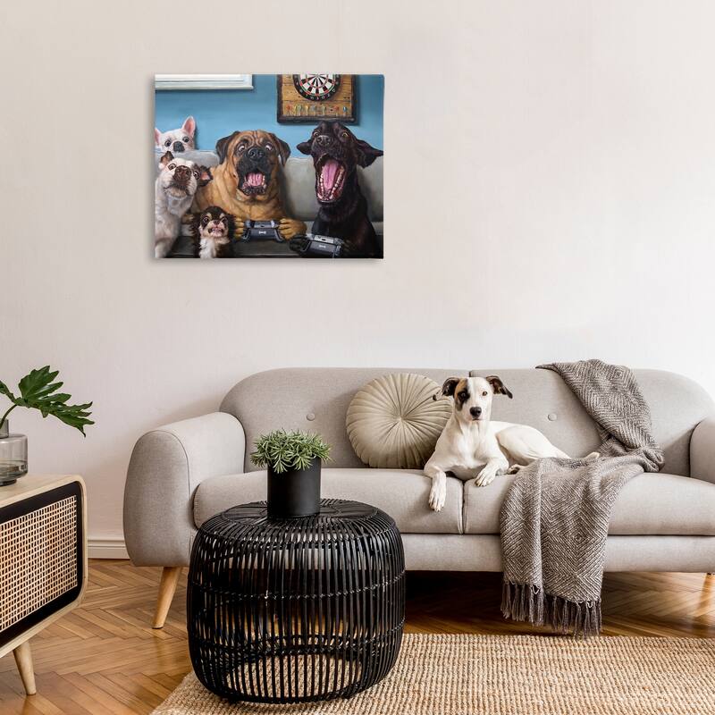 Stupell Funny Dogs Playing Video Games Livingroom Pet Portrait Canvas Wall Art - Blue