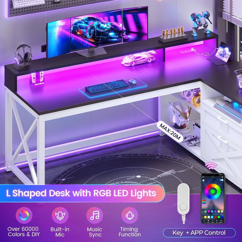 L Shaped Desk 55" Home Office Desk Drawers Storage Shelves