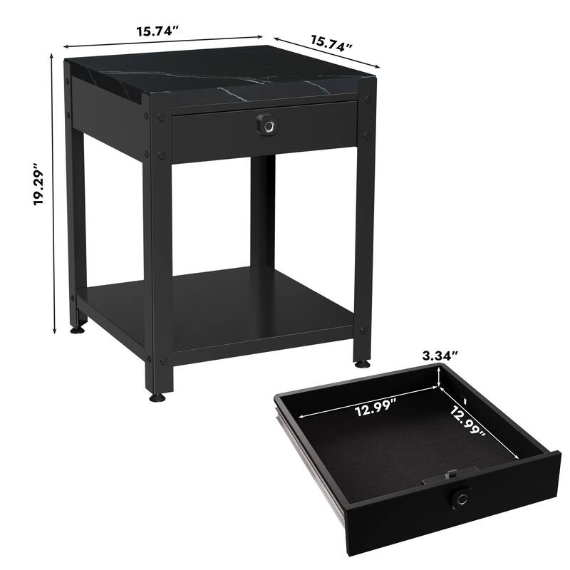 Roomfitters Square Coffee Table with Hidden Compartment and Fingerprint Lock, Steel, Black and White Faux Marble