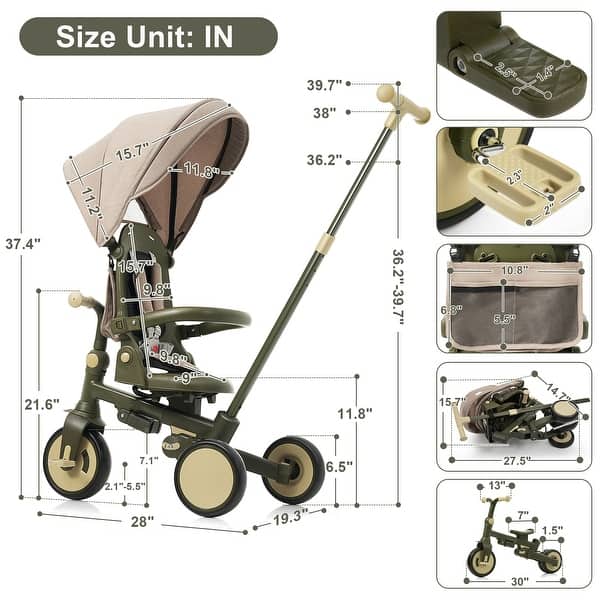 dimension image slide 3 of 5, 7 in 1 Baby Tricycle, Foldable Toddler Tricycle with Removable and Adjustable Parent Handle, Toddler Push Bike