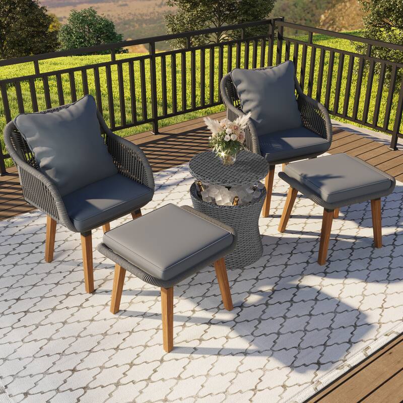 5 Pcs Outdoor Patio Furniture Set, All-Weather Patio Conversation Set with Wicker Cool Bar Table, Single Chairs and Ottomans
