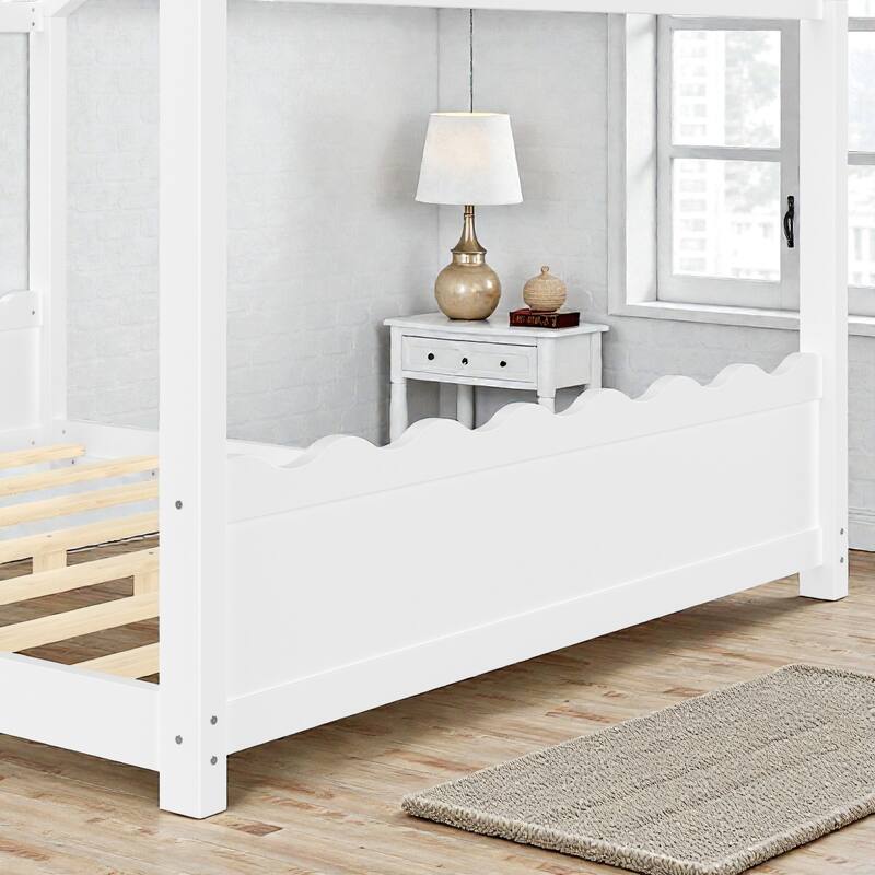 Kids Solid Wood House Floor Bed with Support Slats, Montessori Low Profile Bed, No Box Spring Needed