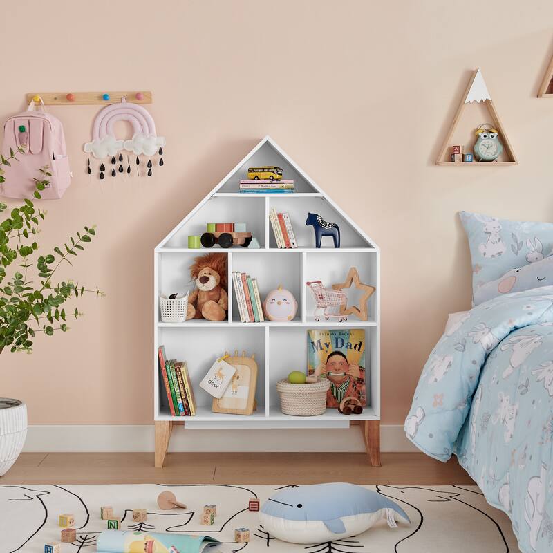 Danya B. Steiner White Dollhouse 8-Compartment Kids Book or Toy Figure Display Unit Freestanding Bookshelf with Beech Legs
