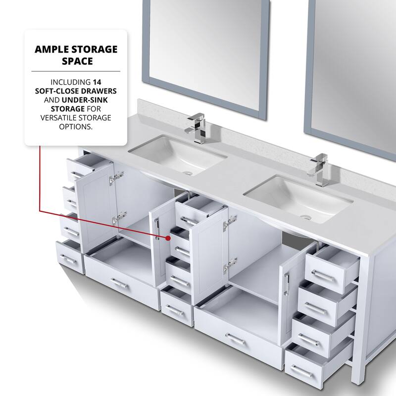 Jacques 84 in. W x 22 in. D White Bath Vanity, Cultured Marble Top, Faucet Set, and 34 in. Mirror
