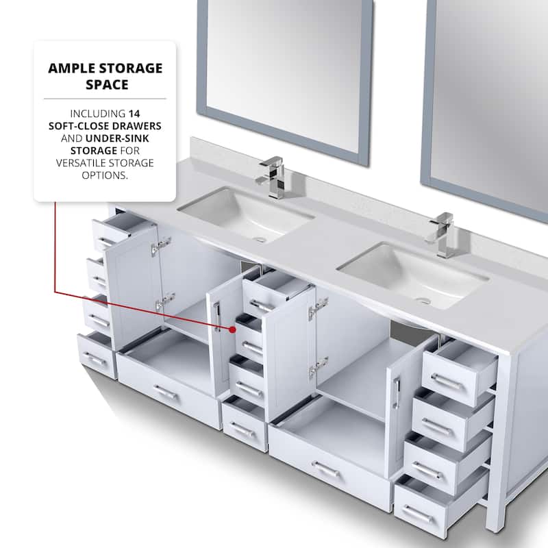 Jacques 84 in. W x 22 in. D White Double Bath Vanity, White Quartz Top, and 34 in. Mirrors