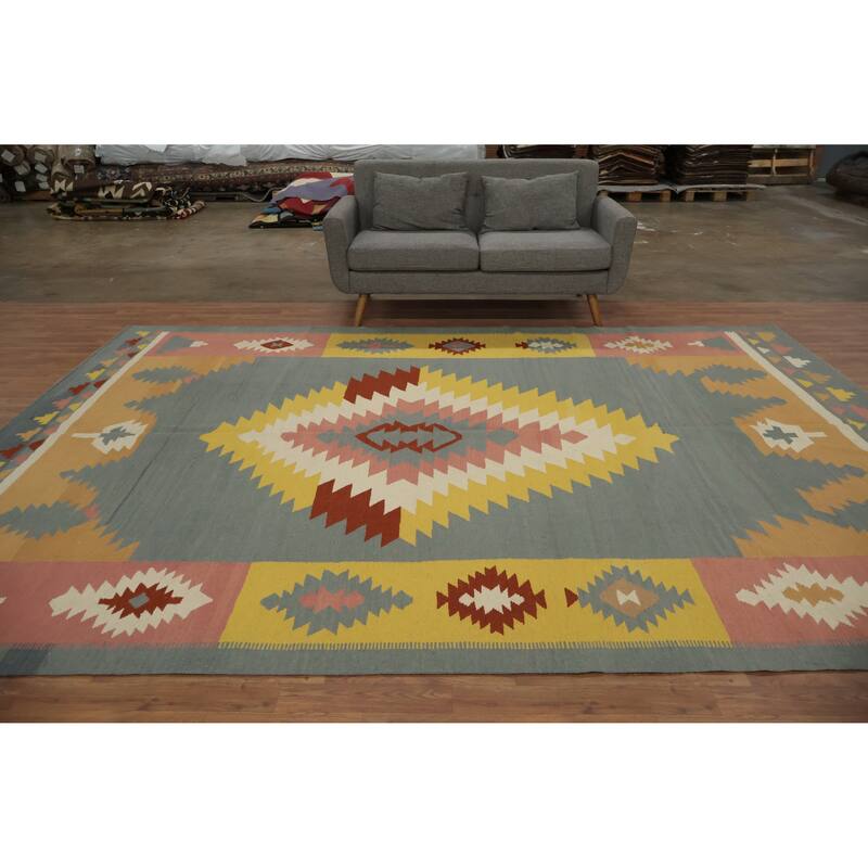 Hand Woven Oriental 100% Wool Carpet Southwestern Tribal Greys & Charcoal Kilim Area Rug - 12' 1'' X 8' 7''