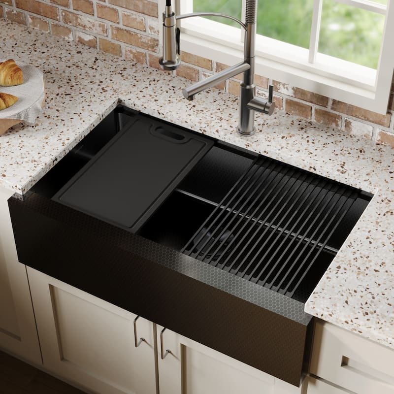 Karran Matrix 33" Apron Front Workstation 16 Gauge Single Bowl Stainless Steel Kitchen Sink with Accessories