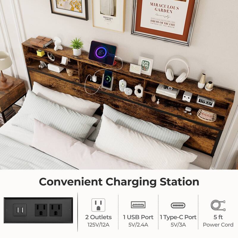 Metal Platform Bed Frame with Headboard Storage and USB Charging Ports