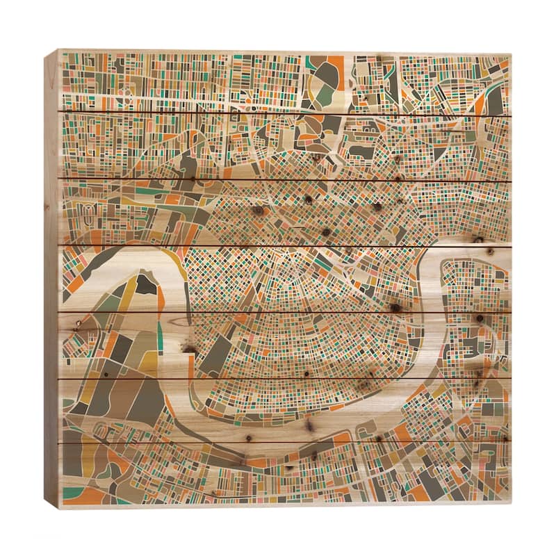 Abstract City Map of New Orleans Print On Wood by Jazzberry Blue - Multi-Color - 26x26x1.5