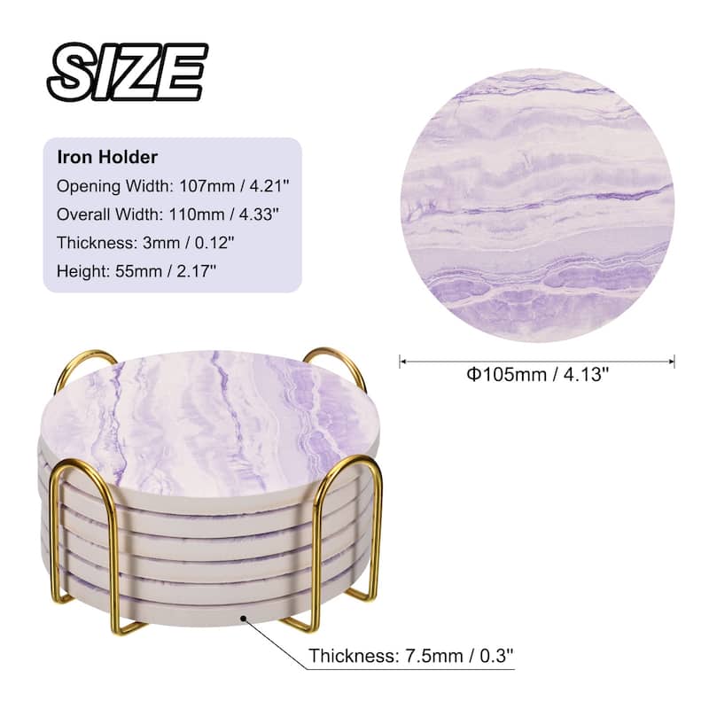 Drink Coasters with Holder, 6pcs 4" Cork Base Coasters Sandstone Style - Purple